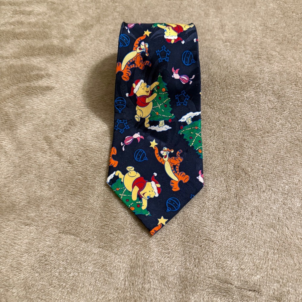Disney Winnie the Pooh Christmas Silk Tie Navy Blue Holiday Tigger Piglet Mens